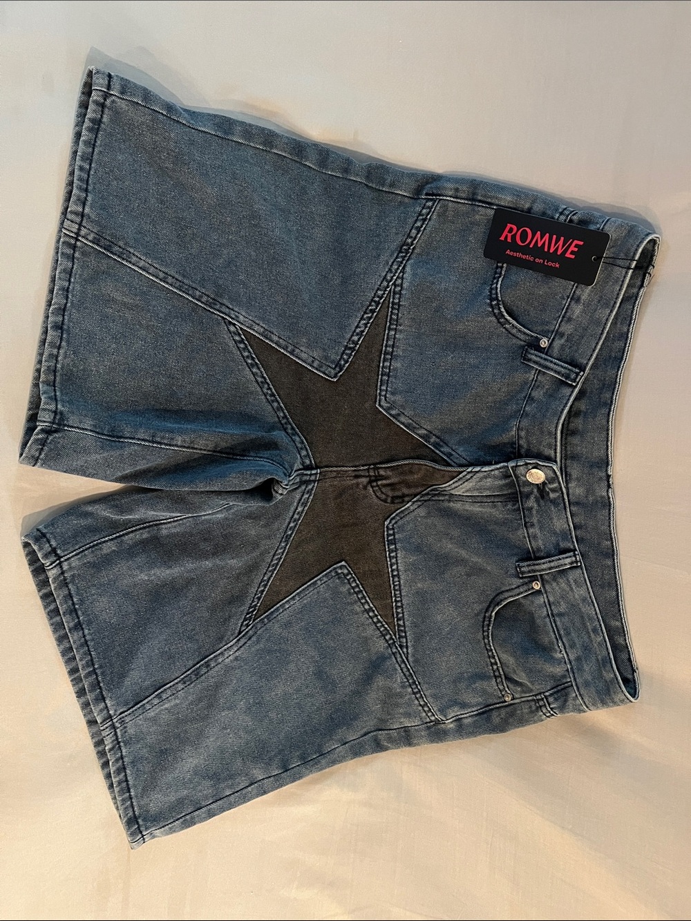 ROMWE Blue Denim Shorts with Black Star Panel